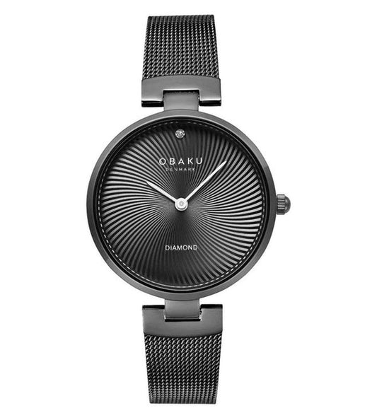 Obaku Ladies Black Dial - Small Diamond -Black Case - Black Mesh Strap