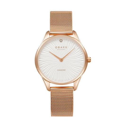 Obaku Ladies Rose Gold IP Stainless Steel Mesh Bracelet Round Silver Dial With Diamond