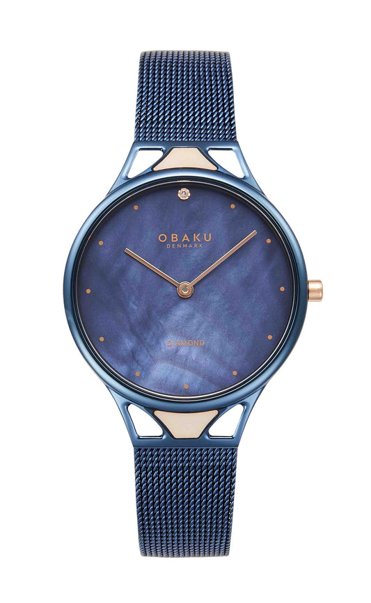 Obaku Ladies IP Blue Mesh Bracelet Round Blue MOP Dial With Diamond