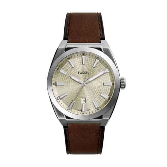 Fossil Gents Brown Leather Stainless Steel Case Round Silver Dial