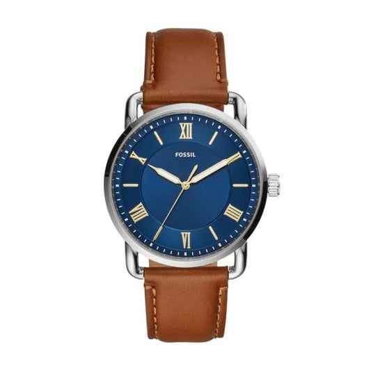 Fossil Gents Brown Leather Stainless Steel Case Round Blue Dial