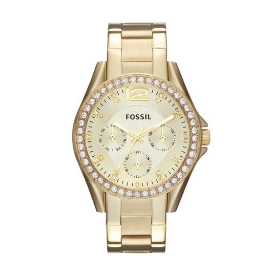 Fossil Ladies Chrono Gold Plated Bracelet Champagne Dial Date & Stone