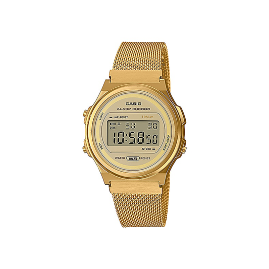 Casio Unisex Digital Gold Plated Mesh Bracelet Round Grey Dial