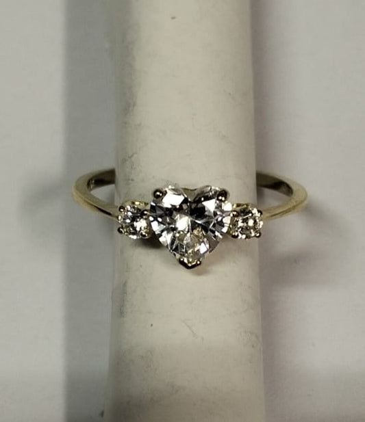 9ct Yellow Gold Claw Set Heart And Round Cubic Zirconia Trilogy Ring