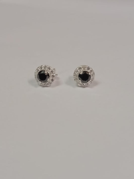 Silver Black & White Cubic Zirconia Halo Design Stud Earring