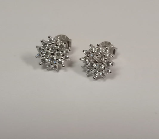 Silver Cubic Zirconia Flower Design Cluster Stud Earring