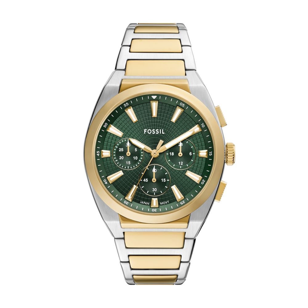 Fossil Gents Chrono Two Tone Stainless Steel Bracelet Round Green Dial