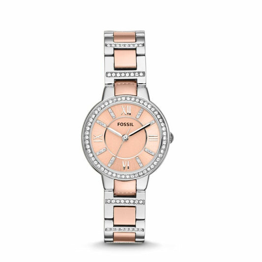 Fossil Ladies  Two Tone Rose Plated & Stainless Steel Bracelet Round Rose Gold Dial With Stones