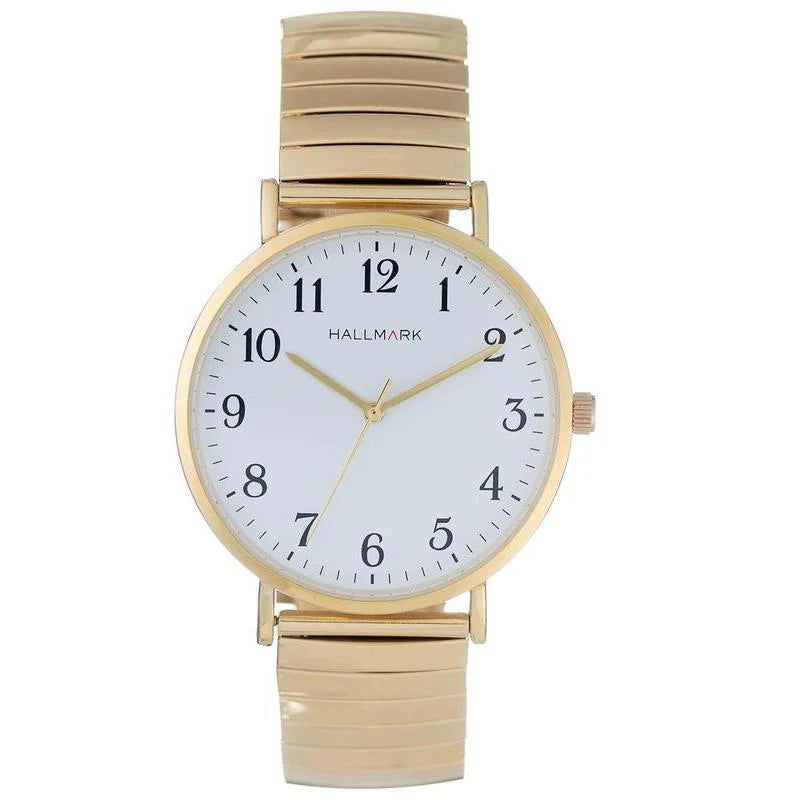 Hallmark Gents Gold Plated Watch With Stretchy Bracelet And Round White Dial