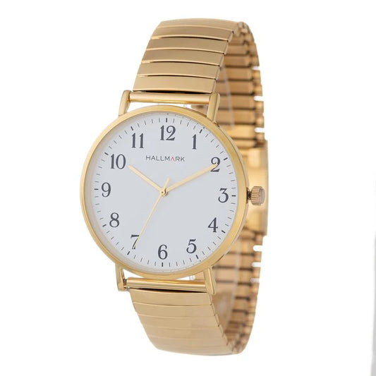 Hallmark Gents Gold Plated Watch With Stretchy Bracelet And Round White Dial