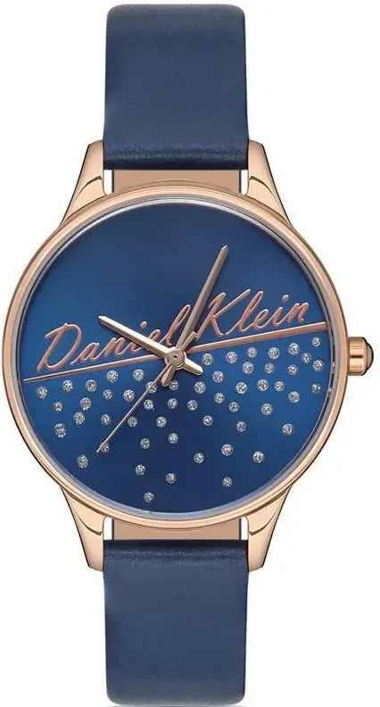 Daniel Klein Ladies Blue Leather Rose Gold Case Round Blue Dial