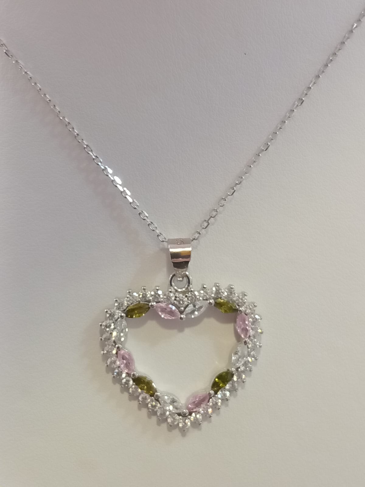 Silver Green, Pink & White Cubic Zirconia Open Heart Pendant With Chain