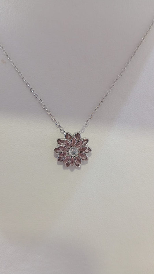 Silver Pink & White Cubic Zirconia Flower Pendant With Chain