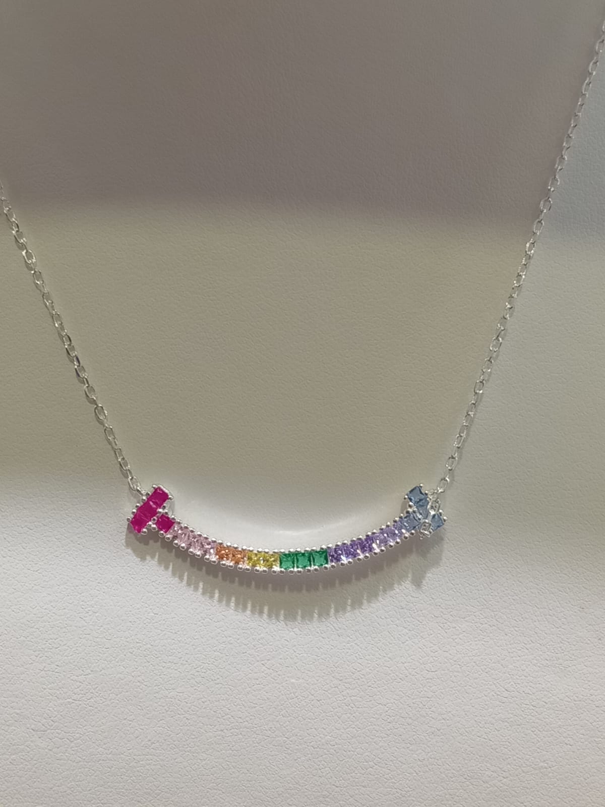 Silver Multi Colour Cubic Zirconia Curved Bar Design Pendant With Chain