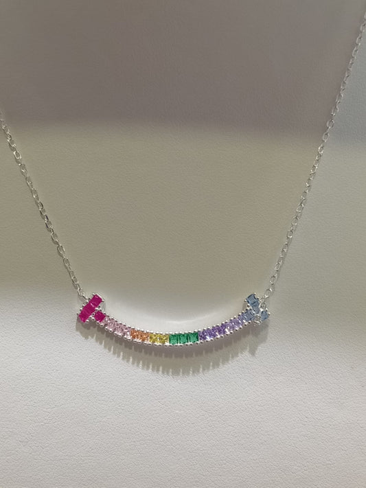 Silver Multi Colour Cubic Zirconia Curved Bar Design Pendant With Chain