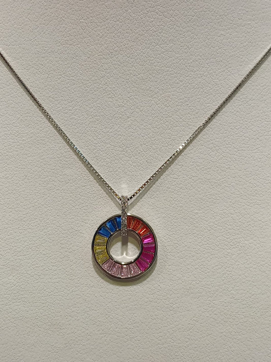 Silver Multi Colour Cubic Zirconia Circle Pendant With Chain