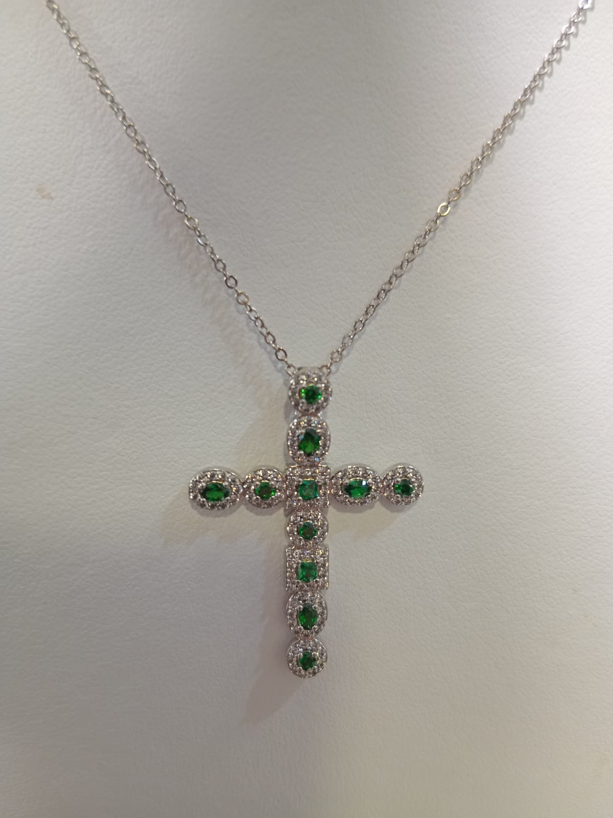 Silver Created Emerald Cross Pendant With Chain