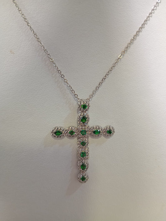 Silver Created Emerald Cross Pendant With Chain