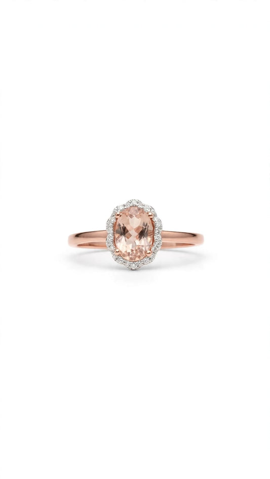 9ct Rose Gold Morganite & Diamond Halo Ring