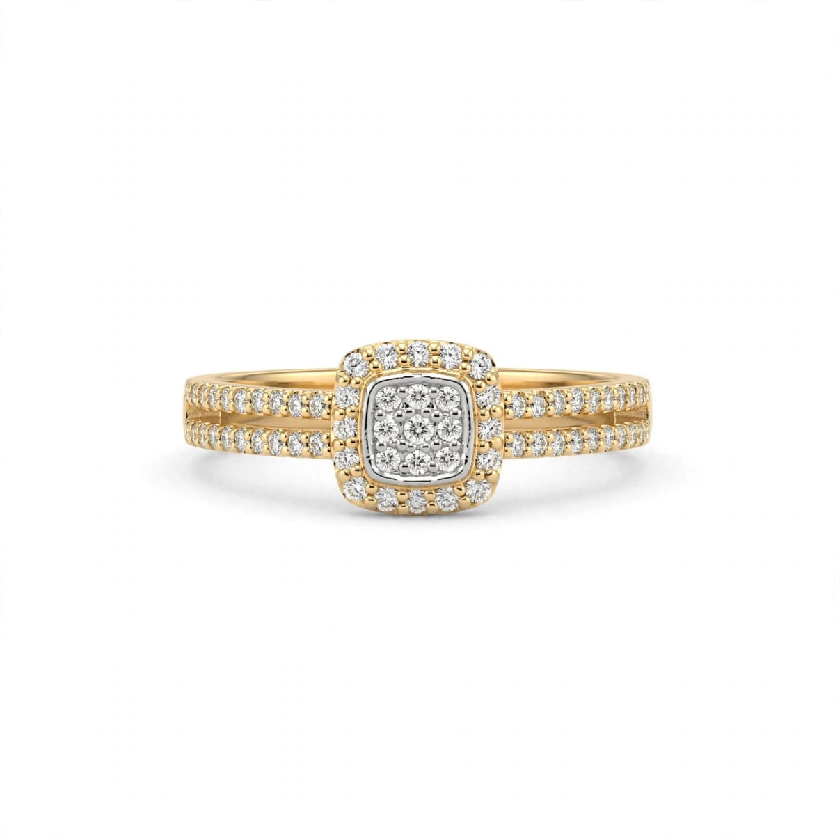 9ct Yellow Gold Square Cluster And Channel Set Diamond Ring