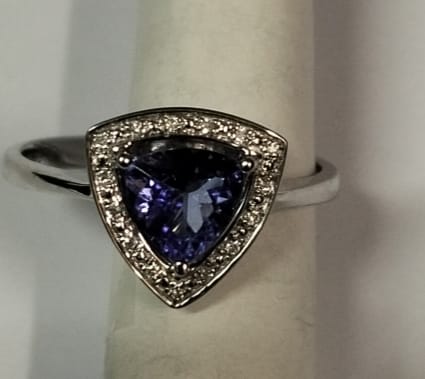 9ct White Gold Trillion Cut 6MM Tanzanite & Diamond Cluster Ring