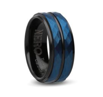 Gents 8mm Black Tungsten Ring With Double Blue Diamond Cut Strip