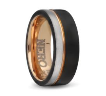 Gents 8mm Rose Gold Plated & Black Brushed Tungsten Ring With Silver Stripe