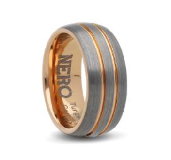 Gents 8mm Grey & Rose Gold Plated Brushed Tungsten Ring With Double Engrave Line